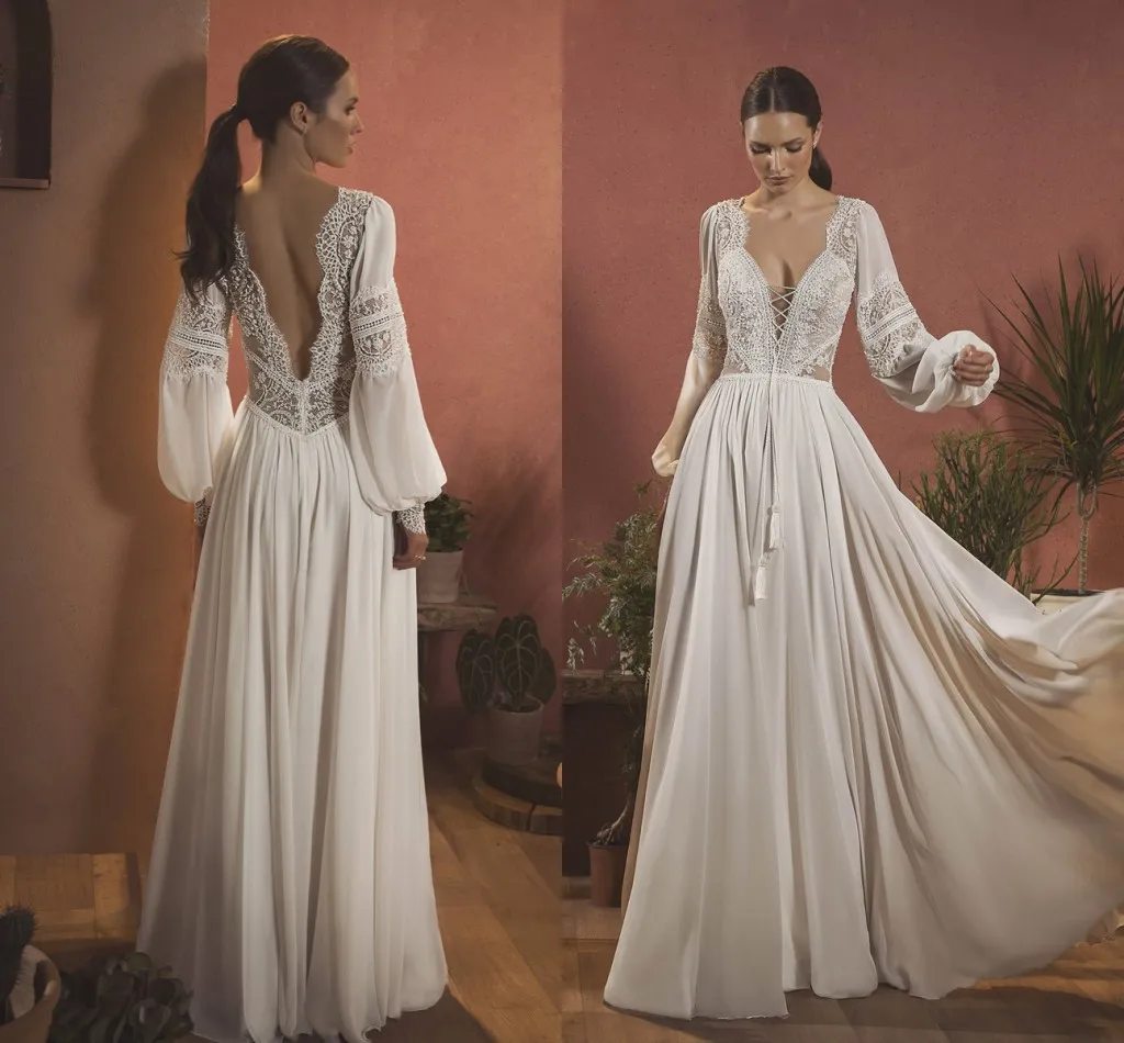 보헤미안 비치 웨딩 드레스 V 목 긴 소매 레이스 시폰 요정 스커트 신부 가운 2021 Backless Robe de Mariée