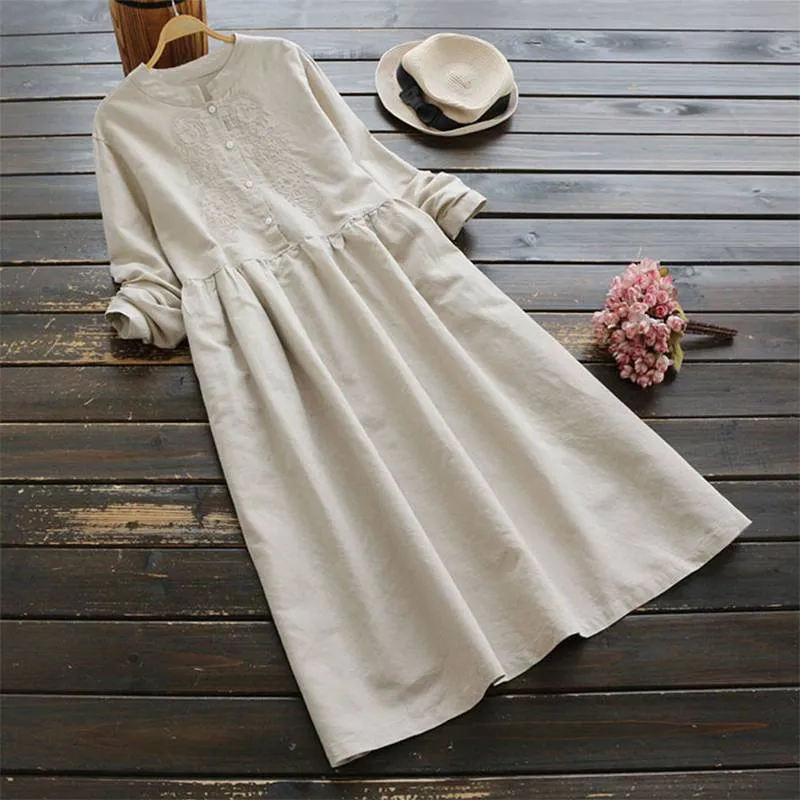 Autumn Embroidery Long Shirt Dress Vintage Casual Cotton Linen Vestidos Women Long Sleeve Sundress Kaftan Plus Size