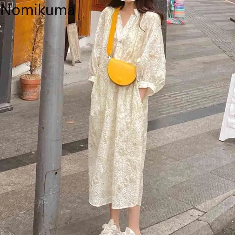 Nomikuma 여름 인과 원인 인쇄 태양 보호 블라우스 드레스 퍼프 슬리브 V 넥 Vestidos 새로운 느슨한 여성 드레스 6H395 210427