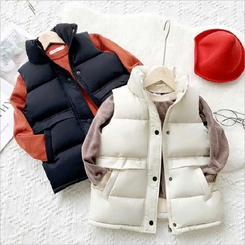 Autumn Winter Sleeveless Jacket For Children Clothes Thicken Stand Collar Down Cotton Vest Boys Girls Kids Waistcoat Coat 211203