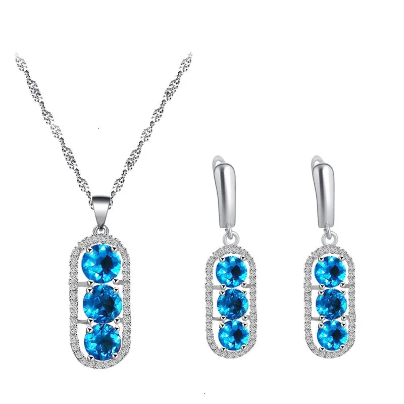 Orecchini Collana Rotonda Argento 925 Set di gioielli con ciondolo in zircone blu Elegante regalo di Halloween per le donne JS844