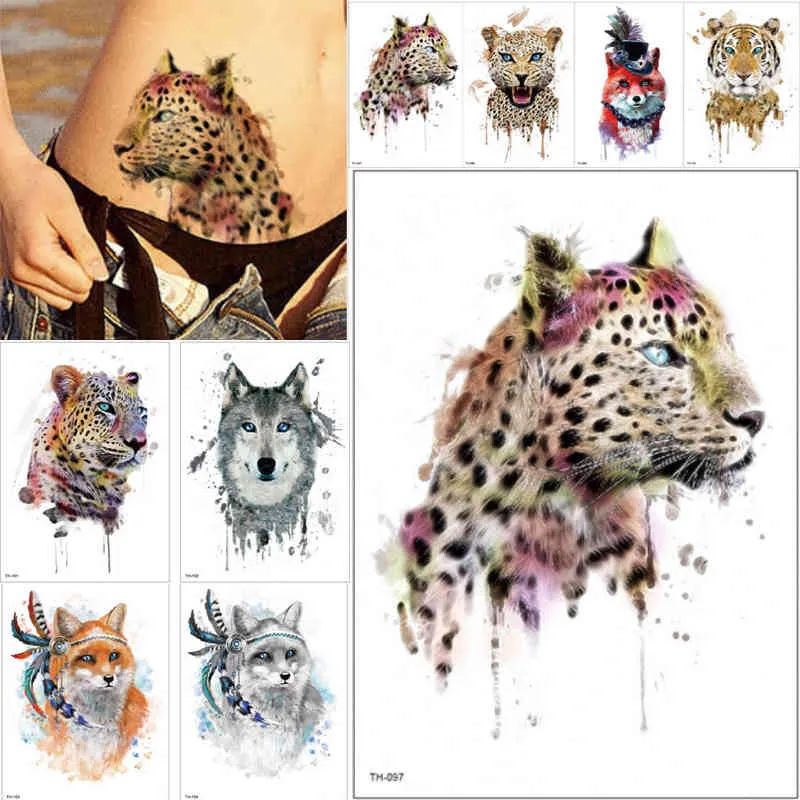 Vilda djur temporärt tatuering Bady Art Flash Tatueringar Klistermärke Söt Leopard Djurmönster Vattentät Fake Tatuering Kvinnor Män DIY Färg