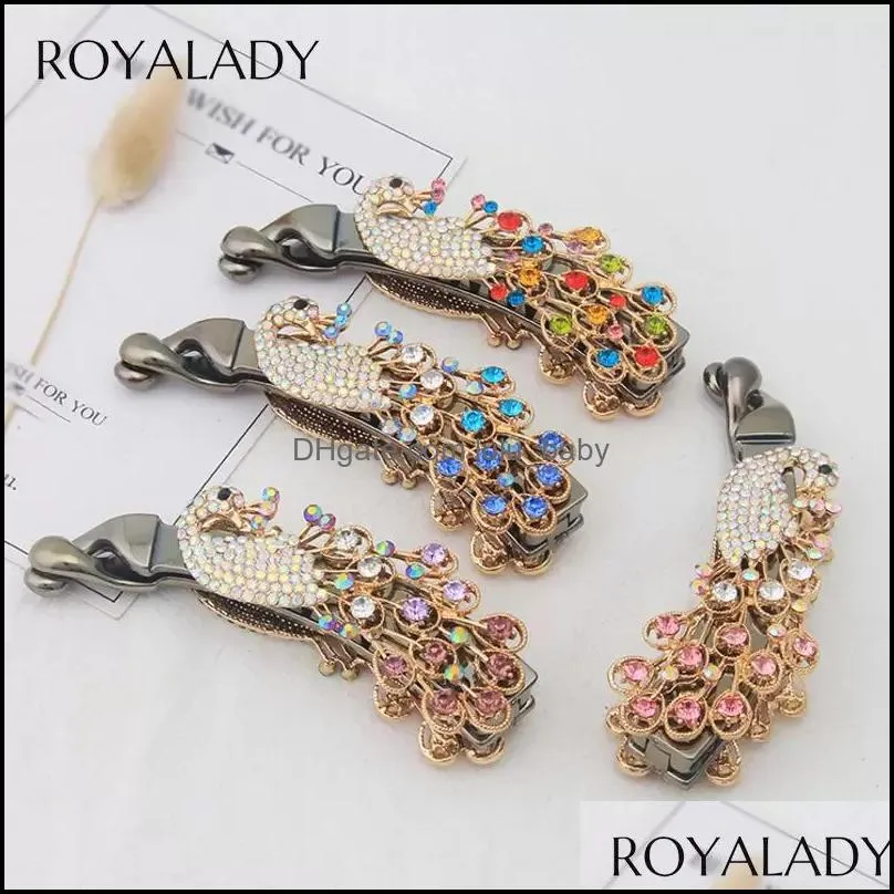 Hårklipp Barrettes smycken utsökta påfågel kristall barrett stift rhinestone clip brud bröllop aessory skönhet styling verktyg tiara dr