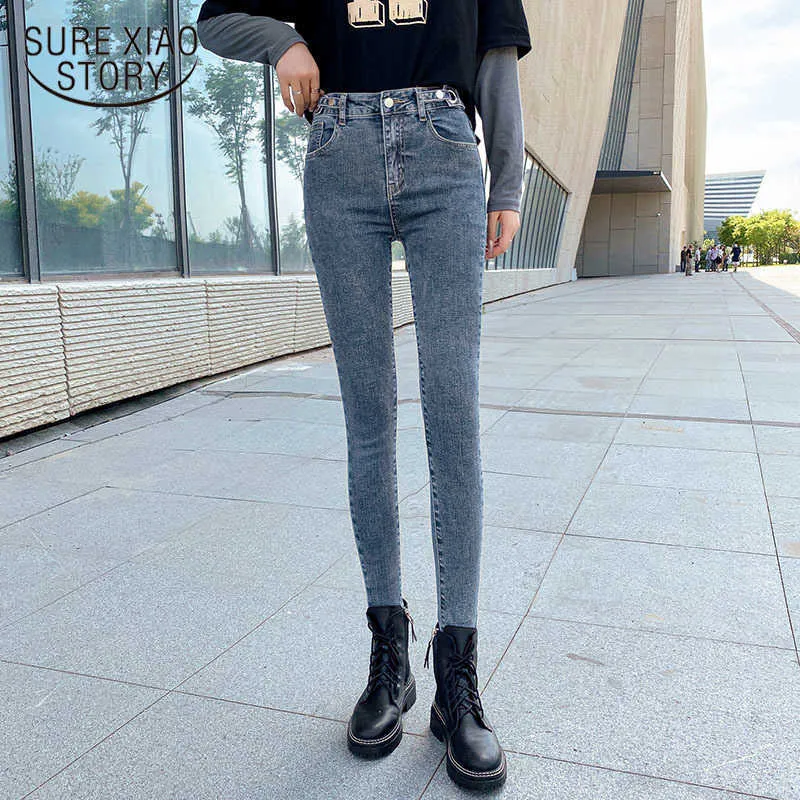 Skinny jeans kvinna denim byxor hög midja jeans höst all-match Streetwear kläder med vintage grå blå grå 10732 210527