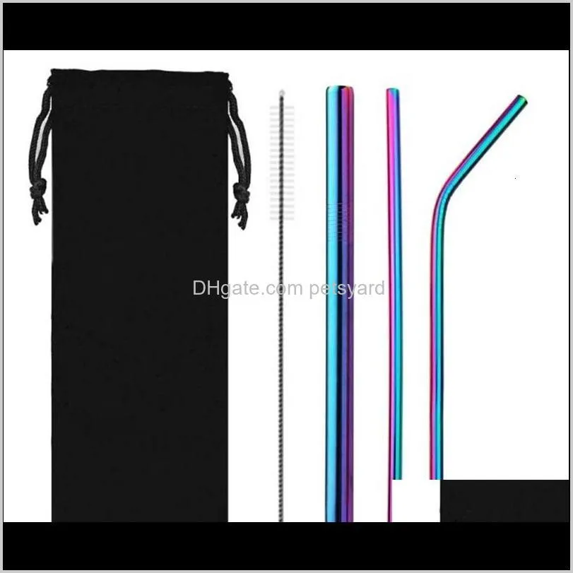 reusable stainless steel straw set straight bent straw cleaning brush 5pcs metal smoothies drinking straws set tta776 45 j2