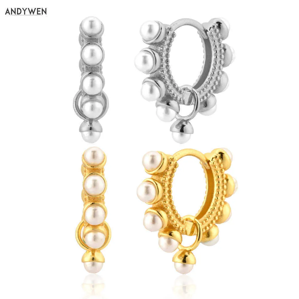 Andywen 925 Sterling Silver Pearl Hoops Piercing Okrągłe Małe Krąg Kolczyk Rock Punk Luxury Pendiente Jewelry 210608