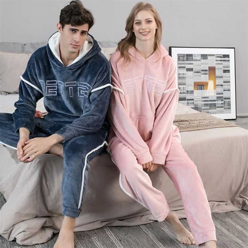 Kapturem Flanel Męskie spodnie piżamy 2 Sztuk / Zestaw Zimowy Grube Ciepłe SleepWear dla par Dorywczo Luźne Kostiumy Home Set 211110