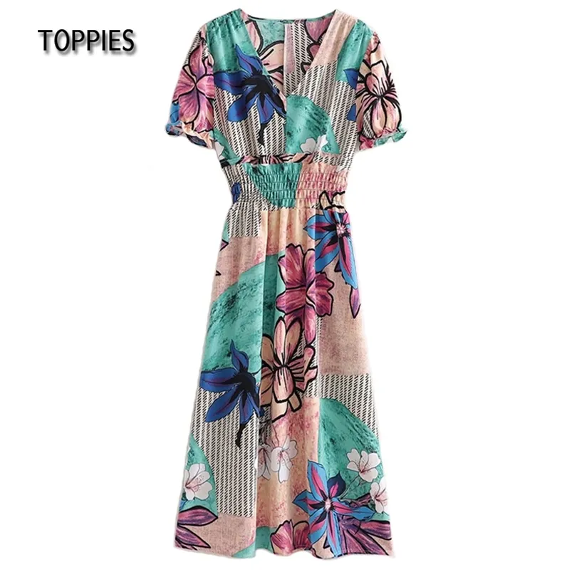 Vestido midi de una línea de verano Impresión de plantas tropicales Manga corta Cintura elástica delgada 210421