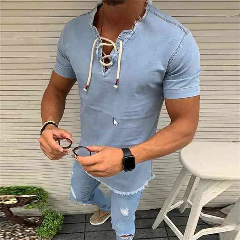Spring Summer Men's Clothing Denim Blue Short Sleeve T-shirt Slim Fitness Sports Tops Long Mens Shirt MY387 210716