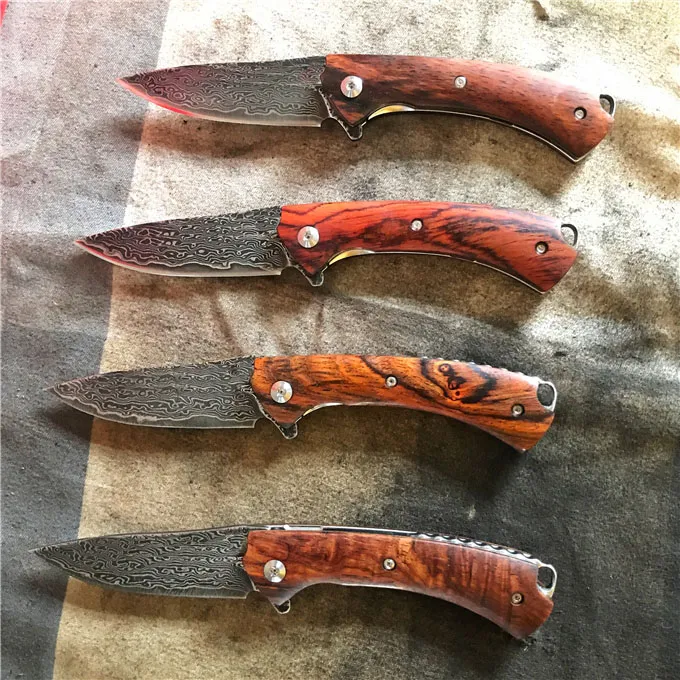 Flipper Folding Kniv VG10 Damascus Stålblad Rosewood + Rostfritt stålplåt Handtag Utomhus EDC Pocket Presentknivar