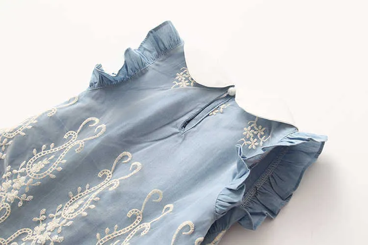  Summer 2-10 Years Beautiful Children Baby Kids Pleat Peter Pan Collar Fly Sleeve Party Lace Blue Denim Dress For Girls (7)