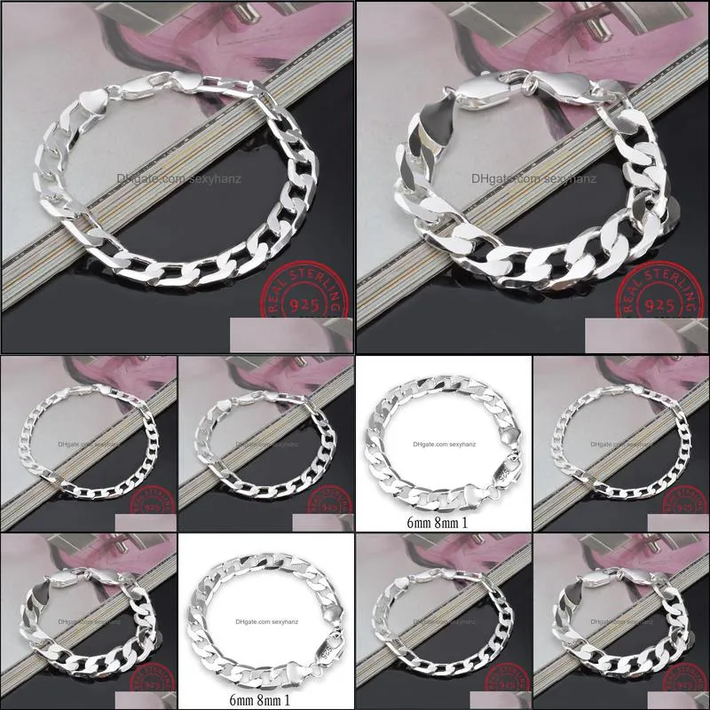 6MM 8MM 10MM 12MM Men Bracelet 925 Sterling Silver Italian Cuban Curb Chain Link Chain Bracelet Men Women Wholesale Jewelry Gift