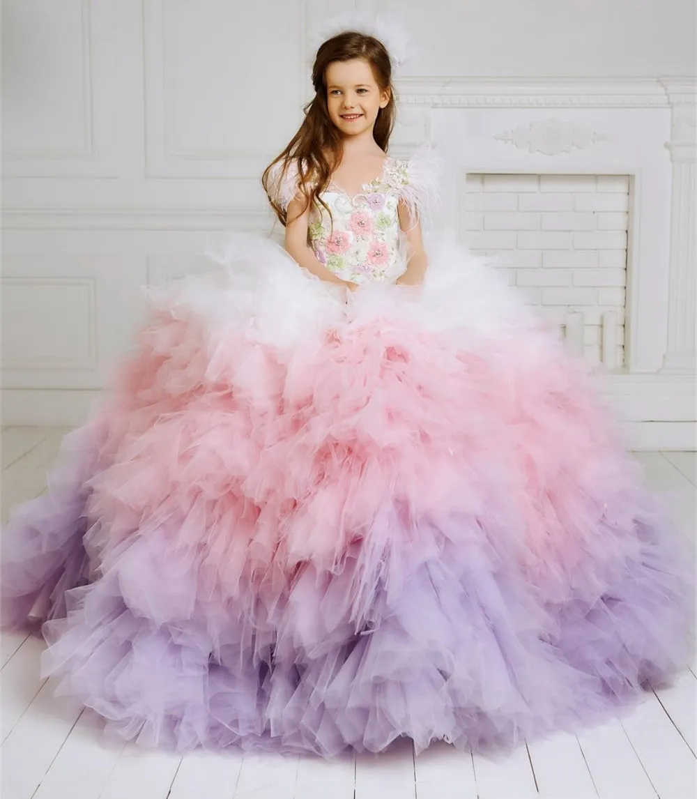 Kleurrijke Tiered Cupcakes Meisje Pageant Jurken Feather Sleeve Tutu Tule Rok Schoonheid Prom Pageant Jurk Eerste Heilige Communie Glozen Brithday Party Wear