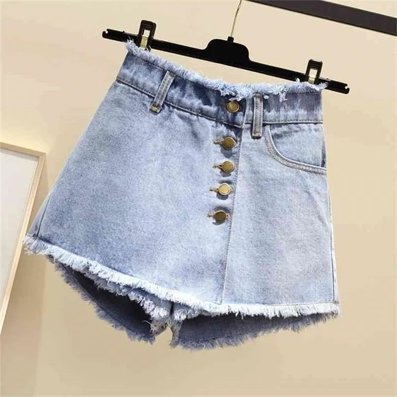 Plus Size Vintage Single Breasted Denim Shorts Femmes Casual Tassel Ripped Jeans Summer Girl Jupes 210724