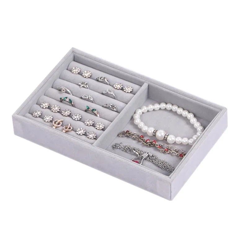 Jewelry Pouches, Bags Drawer Watch Storage Organizer Soft Gray Velvet Ring Tray Jewellery Earring Necklace Bangle Bracelet Pendant