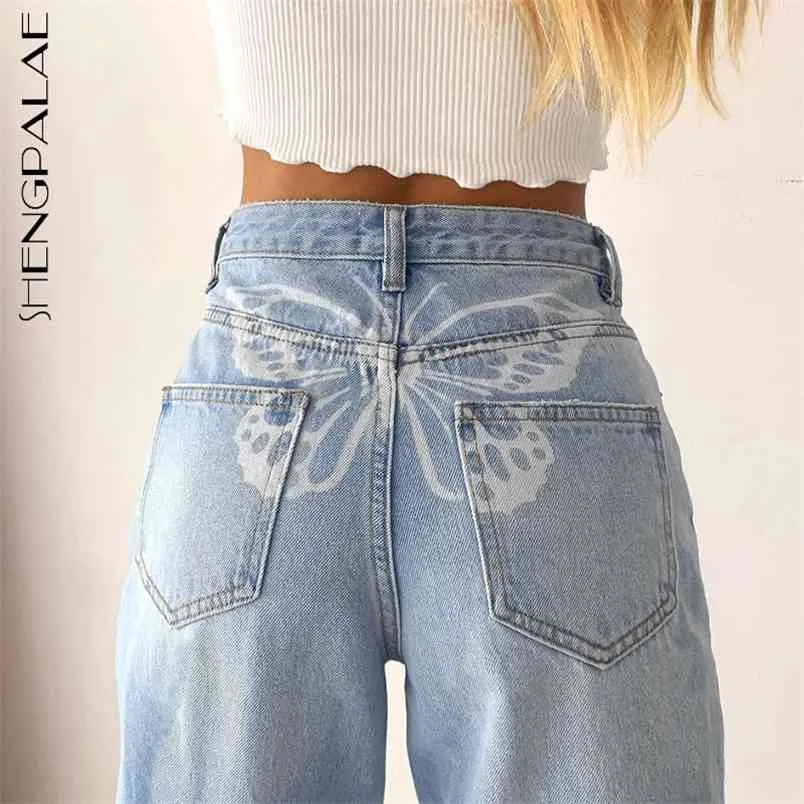 Kelebek Baskı Kot kadın Bahar Yüksek Bel Düz Rahat Streetwear Denim Pantolon Kadın Trendy 5B418 210427