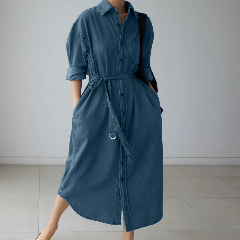 Plus Storlek Mode Denim Blå Skjorta Klänning Kvinnors Vår Sundress Zanzea 2021 Casual Långärmad Maxi Vestidos Kvinna Knapp Robe X0521