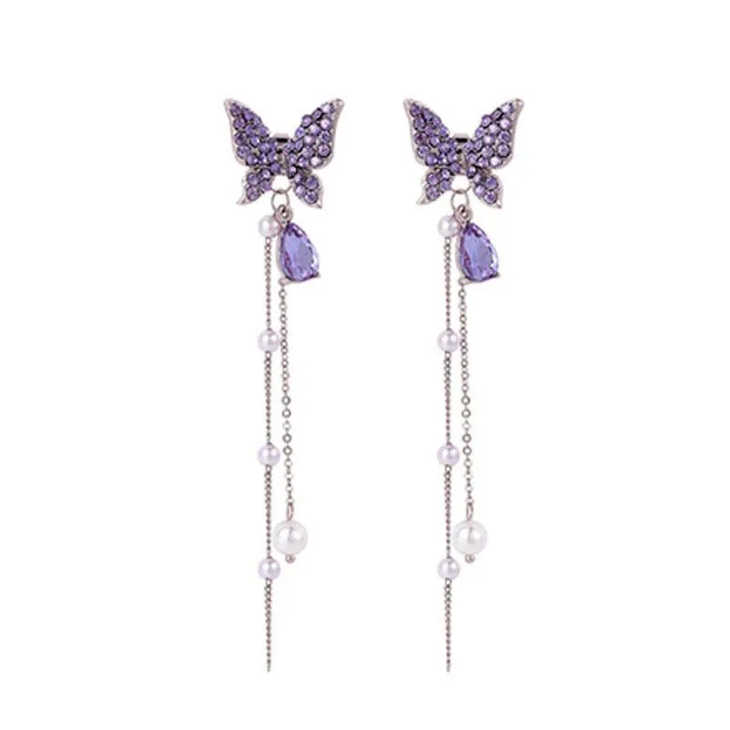 Fashion Shiny Butterfly Rhinestone Drop Dangle Earrings Women Elegant Long Pearl Tassel Chain Pendant Party Jewelry for girl gift 1 Pair