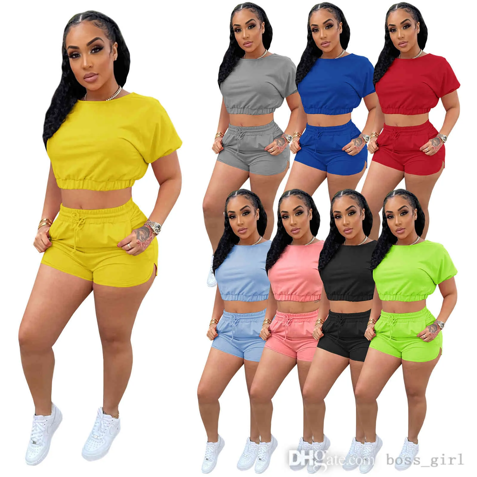 Kvinnor Tracksuits Två Pieces Set DeisGner Sexig Fast Färg Casual Sport Jogging Shorts Kortärmad Shorts Outfits 8 färger