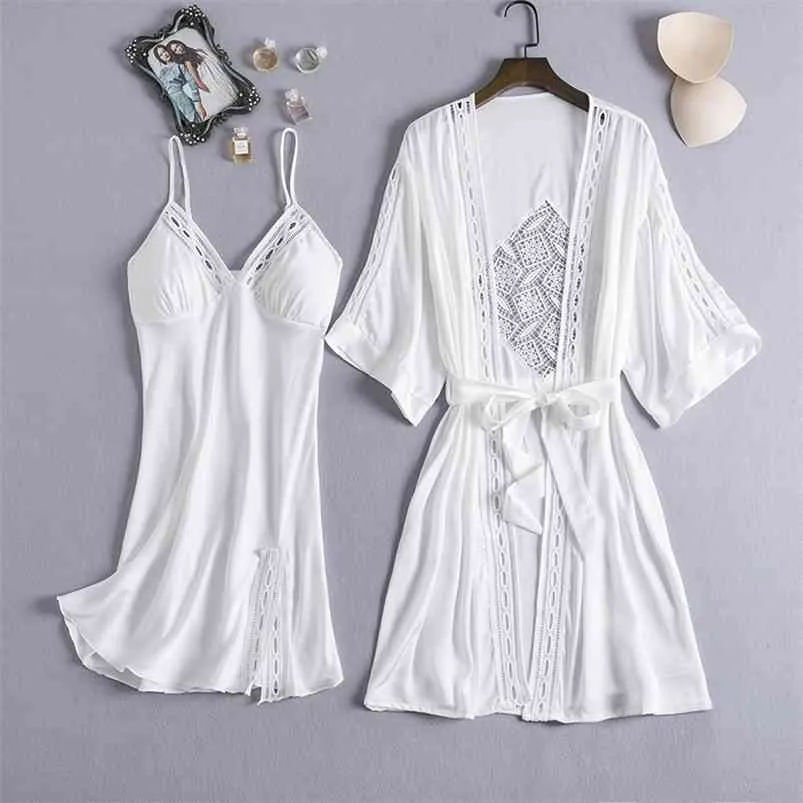 MECHCITIZ Frauen Sexy Spitze Seide Robe Kleid Set Pyjamas Set Schlaf Kleid Bademantel 2 Stück Robe Brautjungfer Hochzeit Nachtwäsche 210831