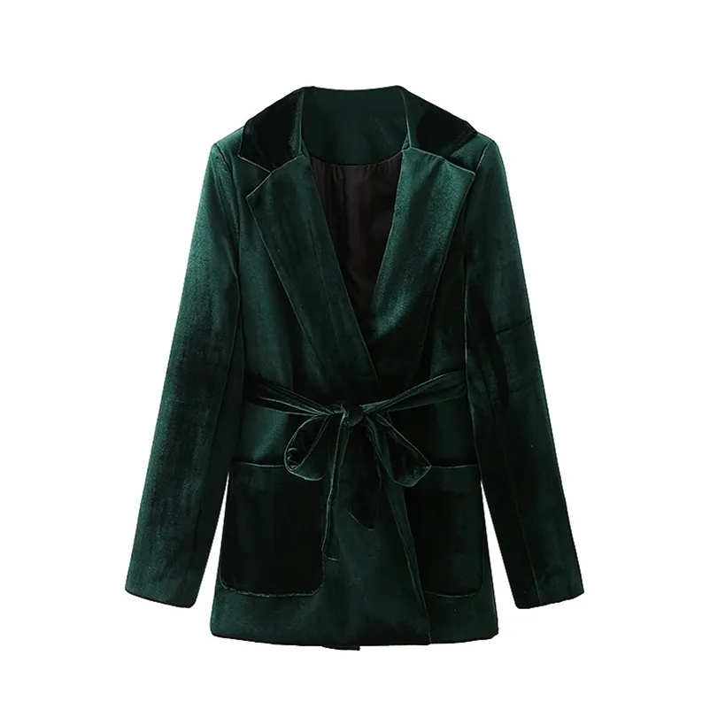 Blazers femininos elegantes de veludo verde-escuro Moda Feminina Faixas Casacos cruzados Streetwear Feminino Chique Jaquetas de bolso 210527