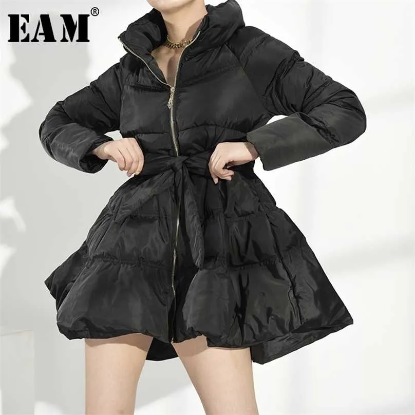 [EAM] noir garder au chaud manteau rembourré en coton à manches longues coupe ample femmes Parkas mode automne hiver WC69101 211013