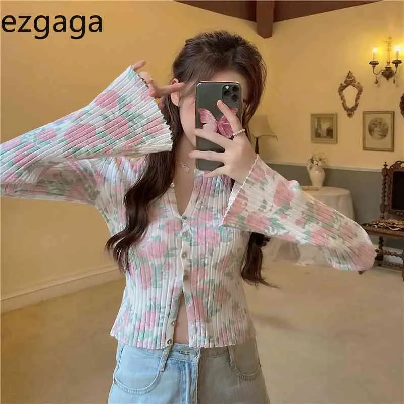 Ezgaga Rose Cardigan in maglia floreale Donna Estate Sottile stile francese Crop Top Manica lunga Slim All-Fiammifero Elegante Cardigan Moda 210430