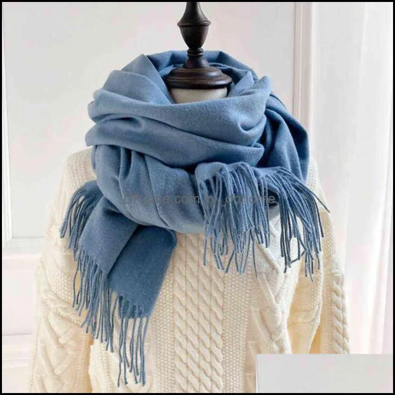 Winter Scarf Solid Thicker Women Wool Cashmere Scarves Neck Head Warm Lady Shawls And Wraps Bandana Tassel 211231