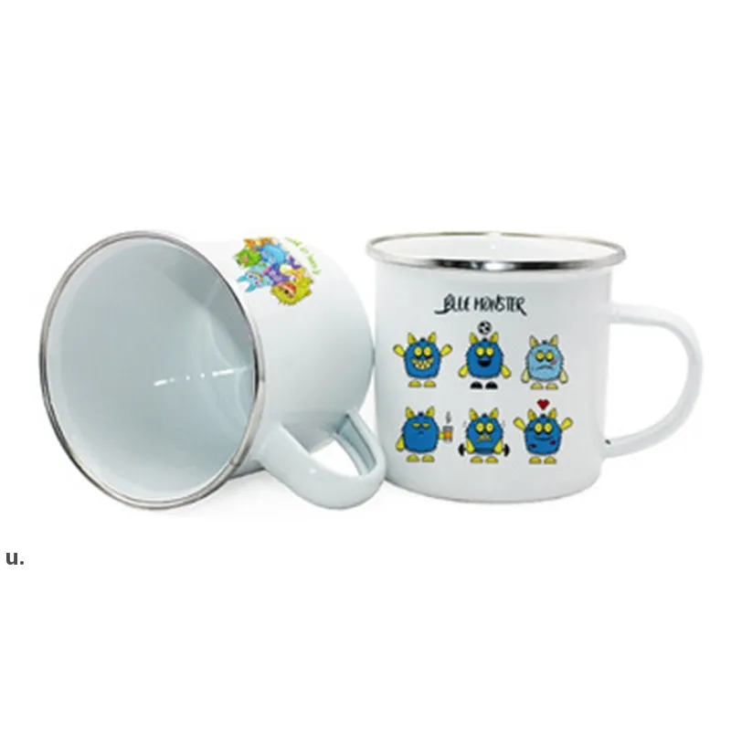Sublimation Enamel Mug Stainless Steel Silver Edge Coffee Cup DIY Photo Handle Milk Tumblers Simple Home Water Cups LLD12019