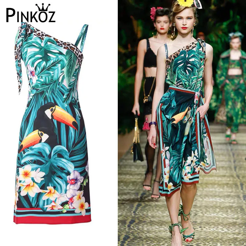 Designer Runway Tropical Print Summer Sukienka Damska Shouder Paski Floral Leopard Drukuj Drukowane wakacje Boho Dresses 210421