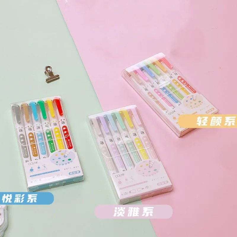 Highlighters 6 Pcs/Set Colorful Double Head Watercolor Pen High Capacity Marker Diary Hand Account Decorate Highlighter Stationery