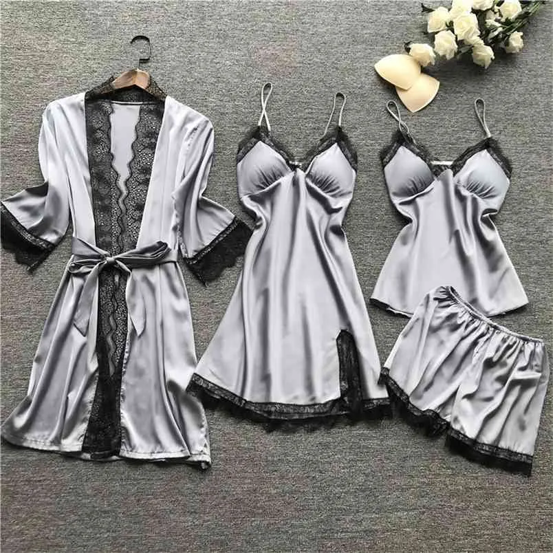 QWEEK pajamas for woman home clothes Silk Sexy Lace Pyjamas Satin Sleepwear Pijama Homewear Summer with Chest Pads 210830