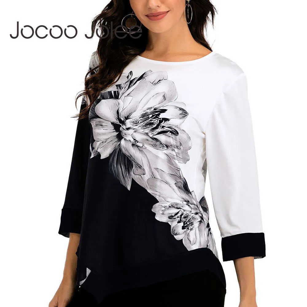 Jocoo Jolee Shirt Women Spring Summer Print Blue 3/4 Sleeve Casual Oregelbundet Hem Block Color Topps Kvinna Plus Size 5XL 210619