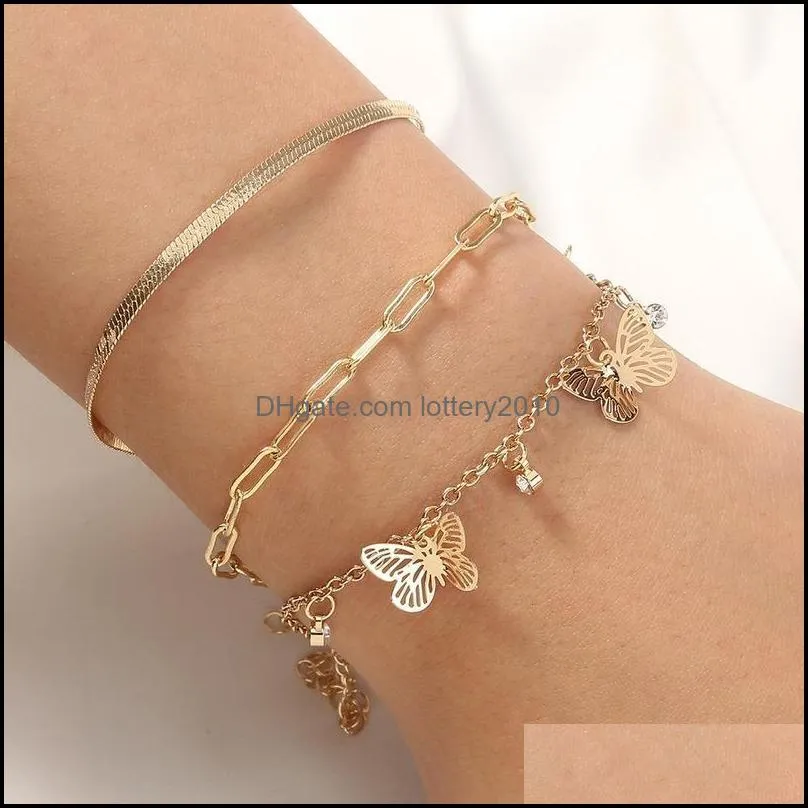 Link, Chain Minimalist Metal Bracelets Set For Women Boho Simple Gold Color Butterfly Pendant Charm Bangles Fashion Jewelry