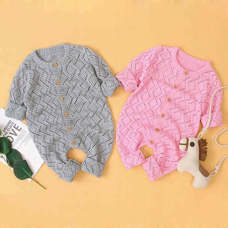 Infant Baby Boys Girls Hollow Out Rompers Clothes Children Boy Girl Kids Knitting Long Sleeve Pure Color 210429