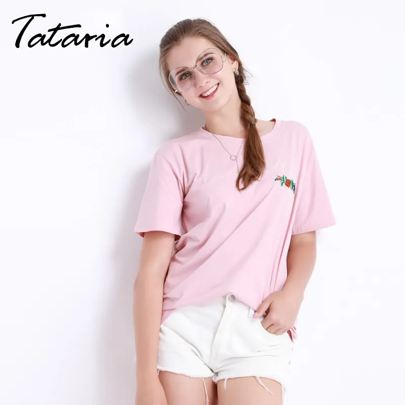 Top Tees Women Summer Embroidery Tops White T Shirt Female Cotton T-shirt For Floral O-Neck Camiseta Mujer Casual Tataria 210514