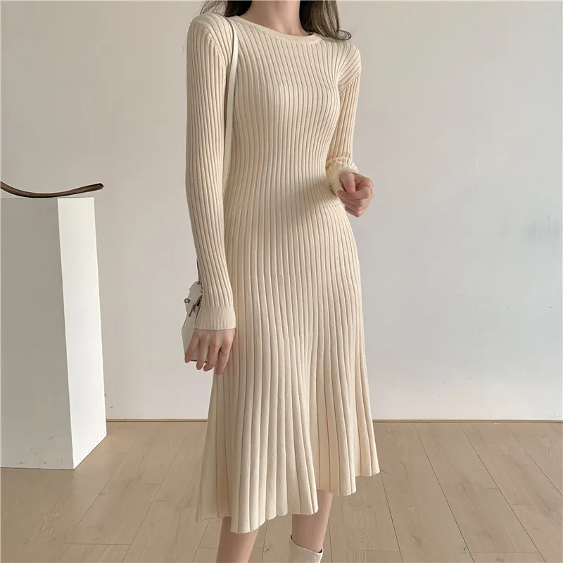 Vrouwelijke gebreide jurk vrouwen herfst en winter stijl dikke ronde hals innerlijke trui middenlengte over de knie 210514