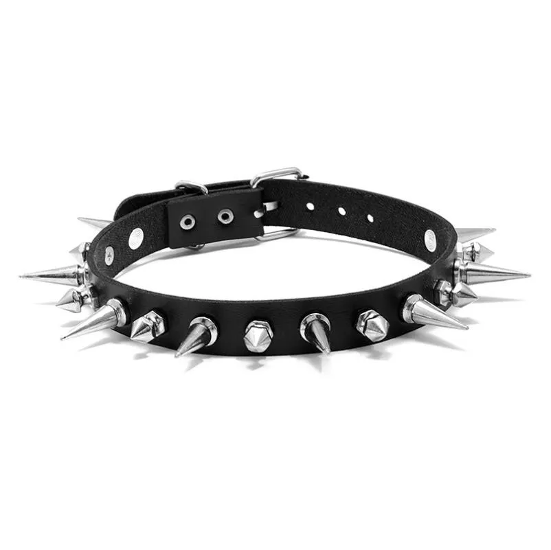 펑크 록 고딕 Choker 여성 남성 PU 가죽 실버 컬러 스파이크 리벳 스터드 칼라 목걸이 문장 쥬얼리