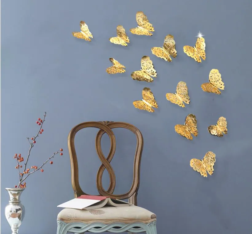 Adesivo da parete a farfalla 3D 12pcs / Set Silver Golden Hollow Farfalle Adesivi per la finestra di salotto Decorazioni per la casa