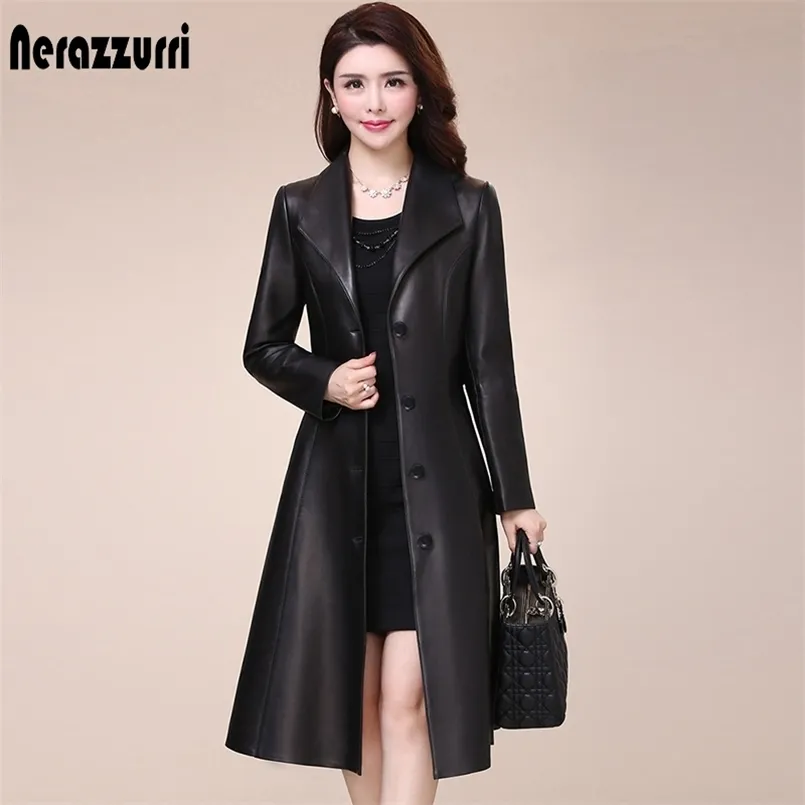 Nerazzurri Spring autumn long black soft faux leather coat women long sleeve buttons slim fit Elegant leather jacket women 210916