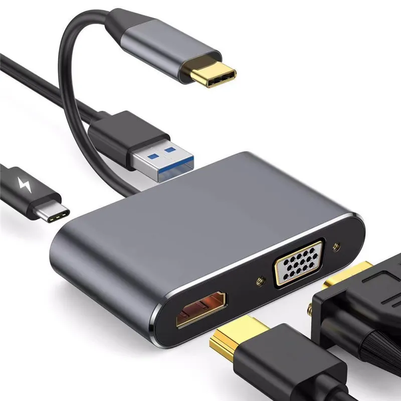 USB-C - HDTV VGA USB3.0 Type C PD 4 IN 1 Adaptör MacBook Tablet için Yüksek Hızlı 4K 60HZ Çözünürlük Desteği