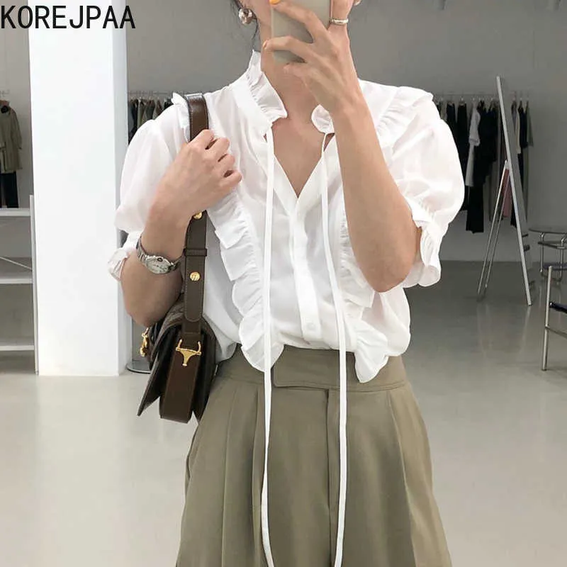 Korejpaa Women Shirt Summer Korean Fashion Versatile Style V-neck Lace Up Ruffle Design Loose Solid Short Sleeve Blouse Top 210526