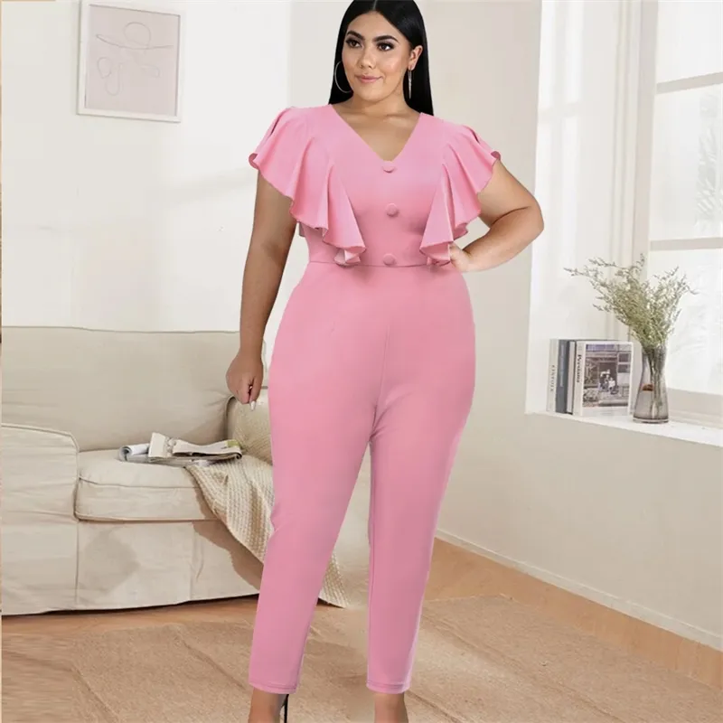 V Neck Bodycon Jumpsuits Plus Size 4XL Lovely Pink Short Ruffles Sleeve Birthday Party Occasion Event Overalls Outfit 210527