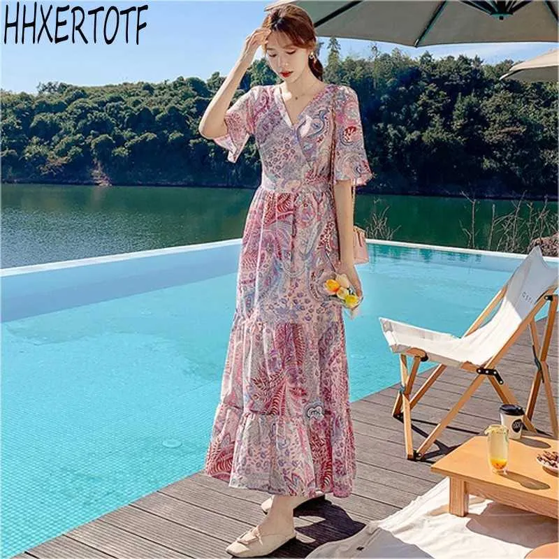 Zomer Mode Vrouwen Floral Print Lange Jurken Chiffon V-hals Boho Beach Casual Jurk Vestidos 210531