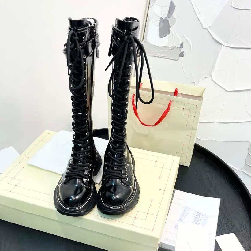 Women Knee Boots Designer Black and white Platform Boot Real Leather shoes Fashion shoe Winter Fall with box 04