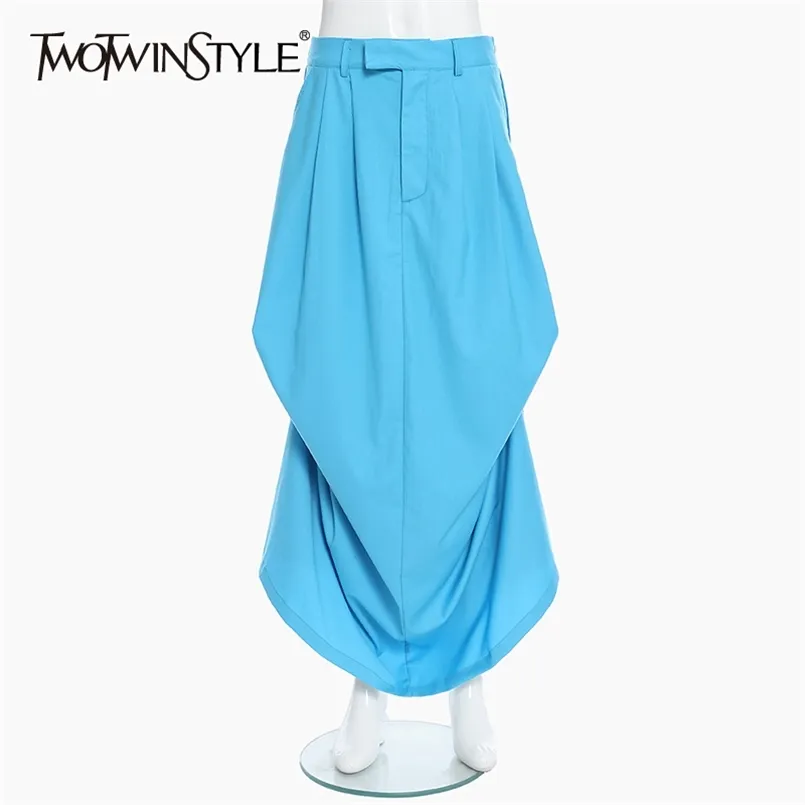 Blå japan stil kjol för kvinnor hög midja patchwork knäppas avslappnad minimalistisk maxi kjolar kvinnlig mode 210521