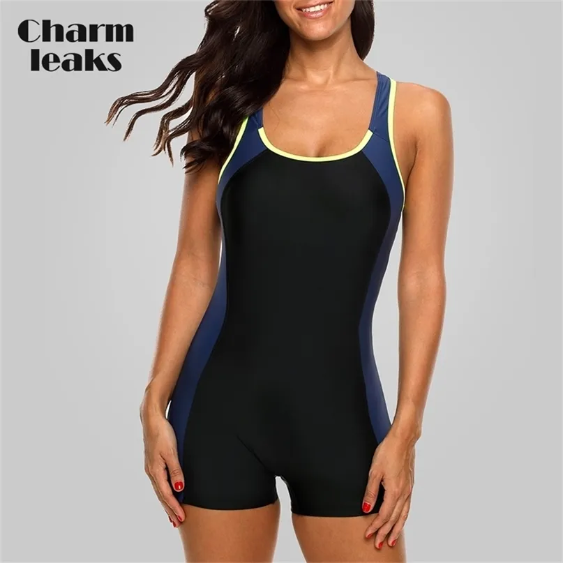 Charmleaks Women Sports Swimwear Sport Swimsuit Colorblock Anthletic Open Back Beach Wear Fitness Bathing Suits 210702