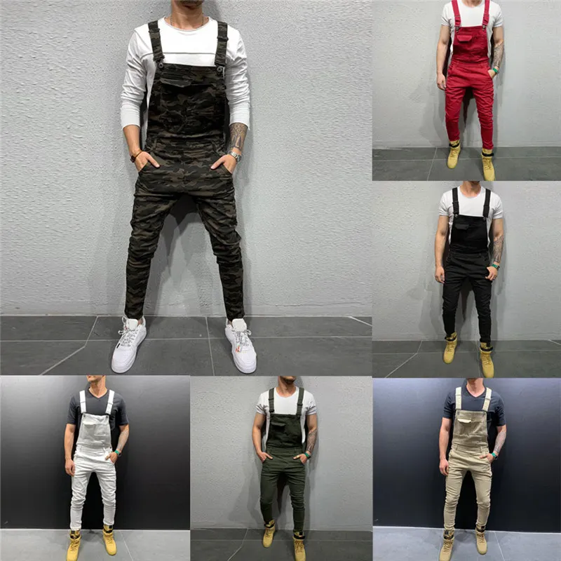 Mäns jeans man byxor för män pocket denim övergripande jumpsuit cool designer varumärke streetwear sexig suspender pant265r