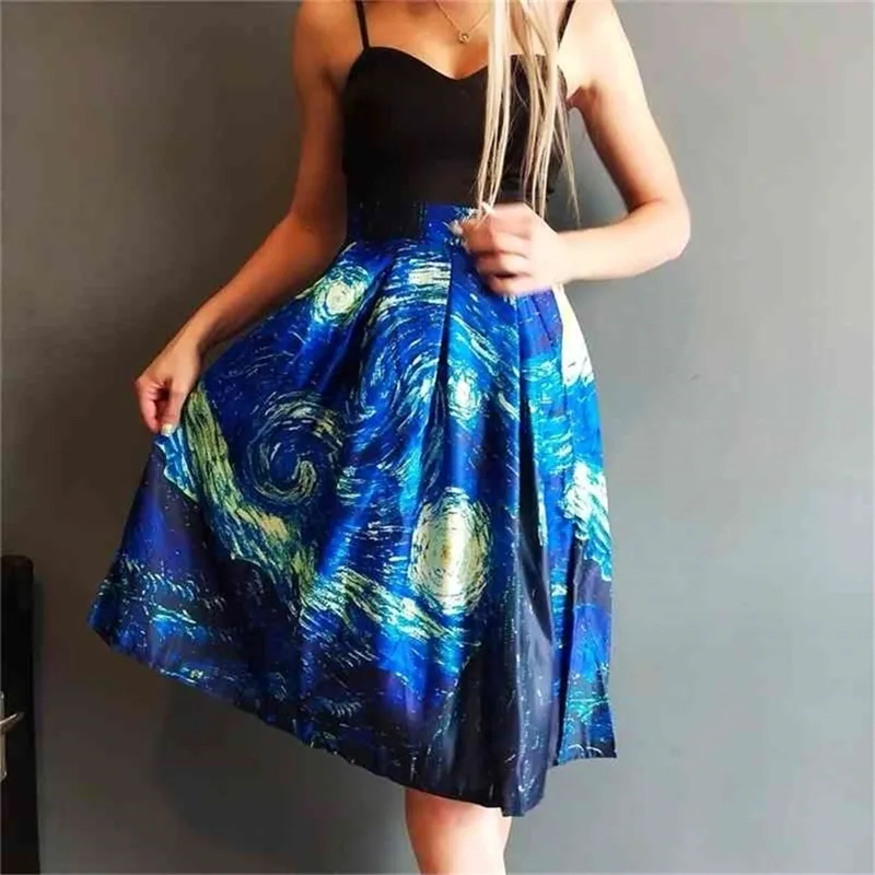 Mode Satin femmes Vintage Van Gogh ciel étoilé peinture à l'huile impression 3D taille haute jupe Rockabilly rétro bouffée SK057 210702