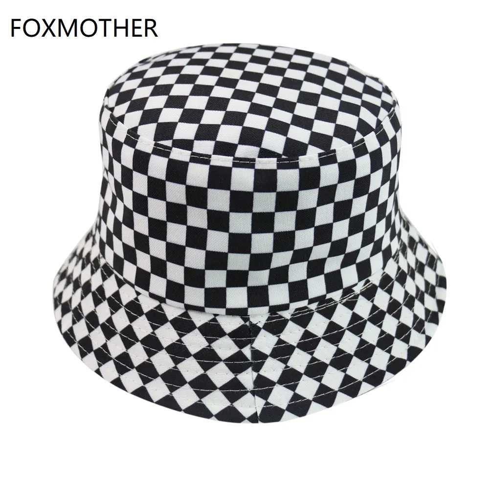 FOXMOTHER Nouveau Noir Blanc Plaid Check Bucket Chapeaux Casquettes De Pêche Femmes Hommes Prix Usine Expert Design Qualité Dernier Style Statut Original